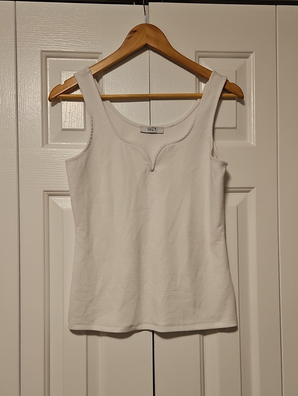 Suzy Shier White Ribbed Tank with Notch Neck
